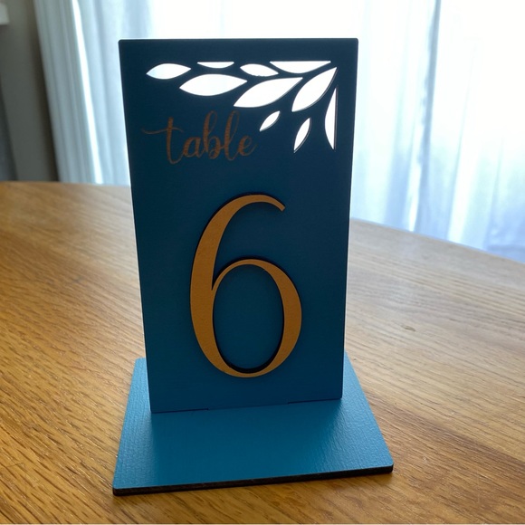 Wooden Table Numbers 1-7 Standing, Handmade, Blue and Gold, for Events/ Weddings - Picture 8 of 9